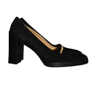 NEW AUTHENTIC $800 GUCCI SUEDE BLACK SQUARE TOE GOLD LOGO PUMP HEEL 6.5 B (DC11)